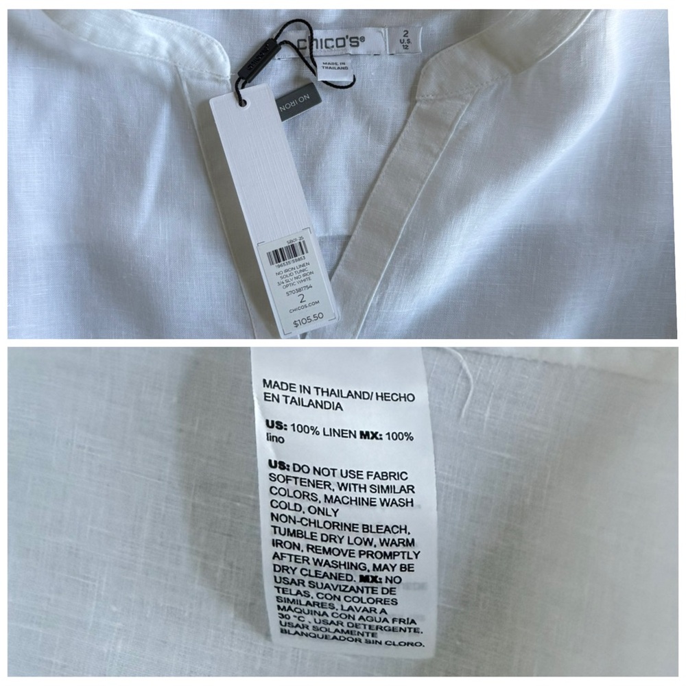 CHICO’S NWT 2 / Women’s L No Iron Linen Tunic in Optic White • Neutral Blouse - Picture 6 of 11